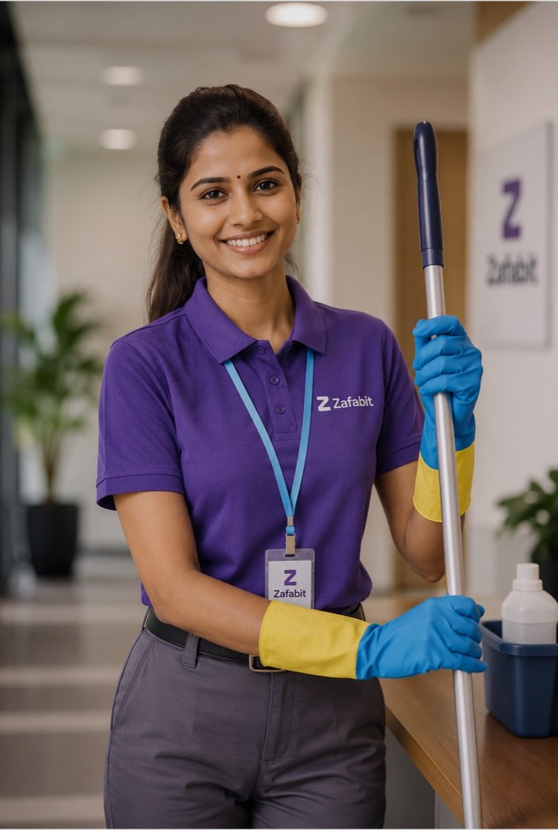 A smiling Zafabit Pro in a purple uniform holding a mop